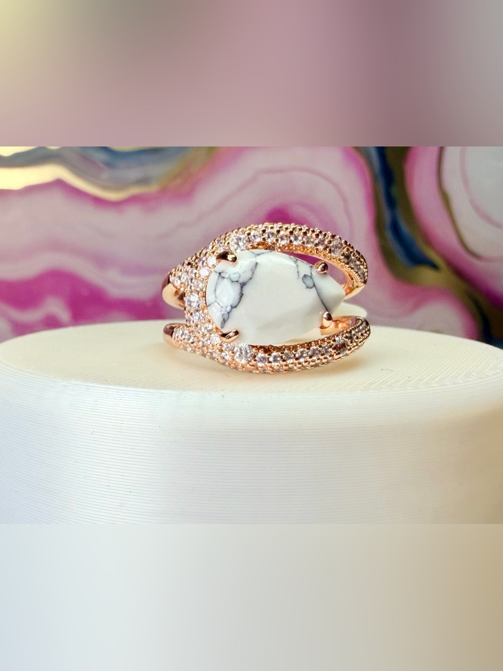 Bomb Party Ring “Electric Icon” - Howlite on Rose Gold, Size 7 RG48270